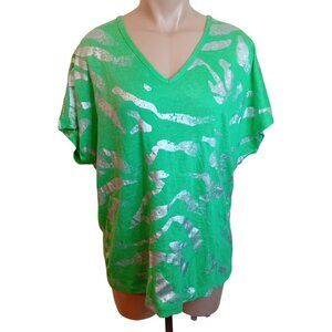 Y2K La Bella V-Neck TShirt Silver Zebra Print Top Neon Green Casual Streetwear M